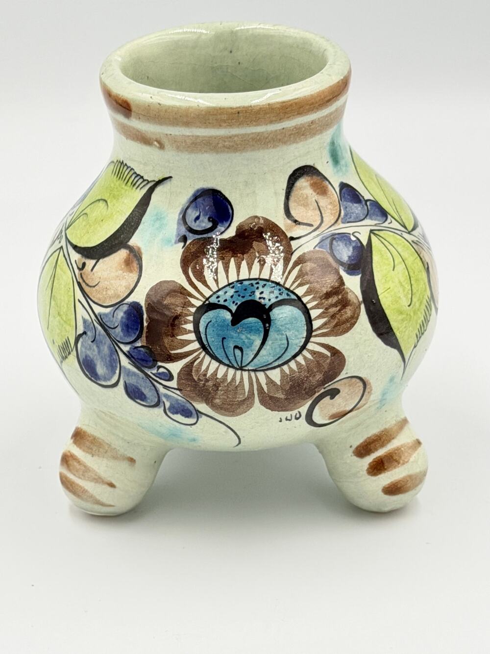 Vintage Mexican Folk Art Tonala Pottery Tripod Vase Decor